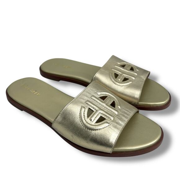 Cole Haan Flynn Logo Slide Sandals Size 10 Metallic Gold Cut out Flats - Picture 8 of 13